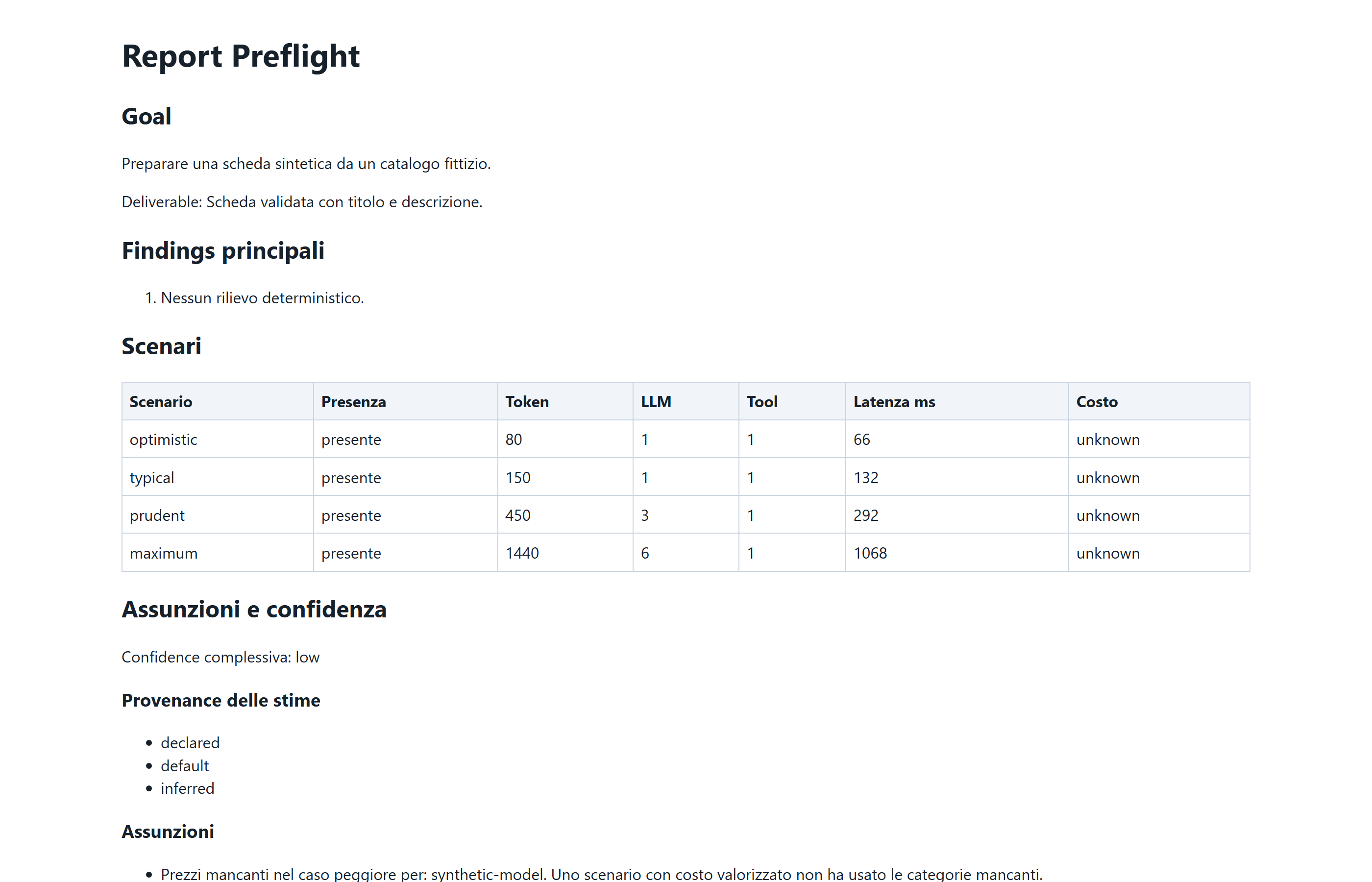 Report Preflight: quattro scenari con token, chiamate LLM e latenza; confidenza complessiva e provenienza di ogni stima