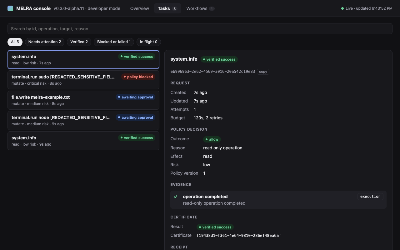 The MELRA console's Tasks view: a filterable list of tasks with status badges, and one task's policy decision, evidence and certificate.
