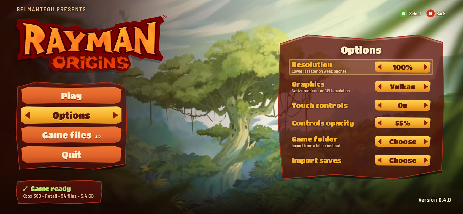 Options on the home screen: resolution, graphics, touch controls, opacity, imports