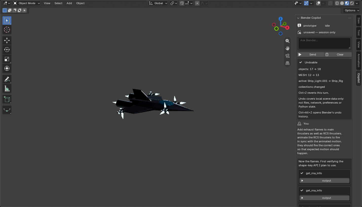 The finished interceptor in the viewport: a dark faceted stealth hull with swept wings, a tail fin, a blue canopy and 22 exhaust plumes firing, with the panel's undo receipt beside it.