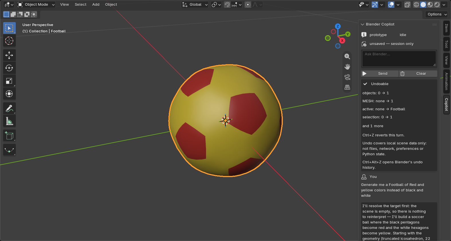 An earlier live turn: a red-and-yellow football built in three tool calls, with an undo receipt reading objects: 0 -> 1.