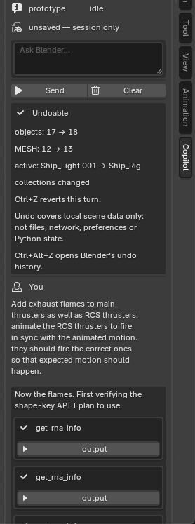 The panel's undo receipt: Undoable, objects: 17 -> 18, MESH: 12 -> 13, collections changed, Ctrl+Z reverts this turn, and what undo does not cover.