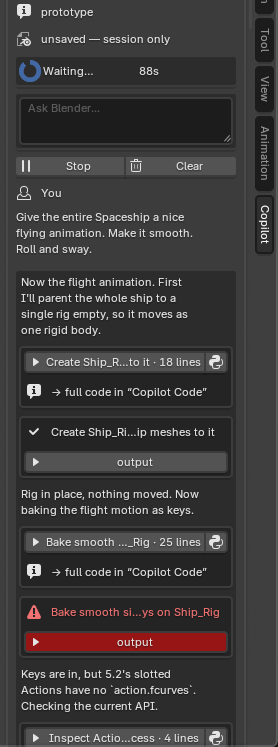 Mid-turn in the panel: a thinking indicator with an elapsed time, the user's prompt, streamed reasoning, tool rows naming the calls, and output behind an expander.