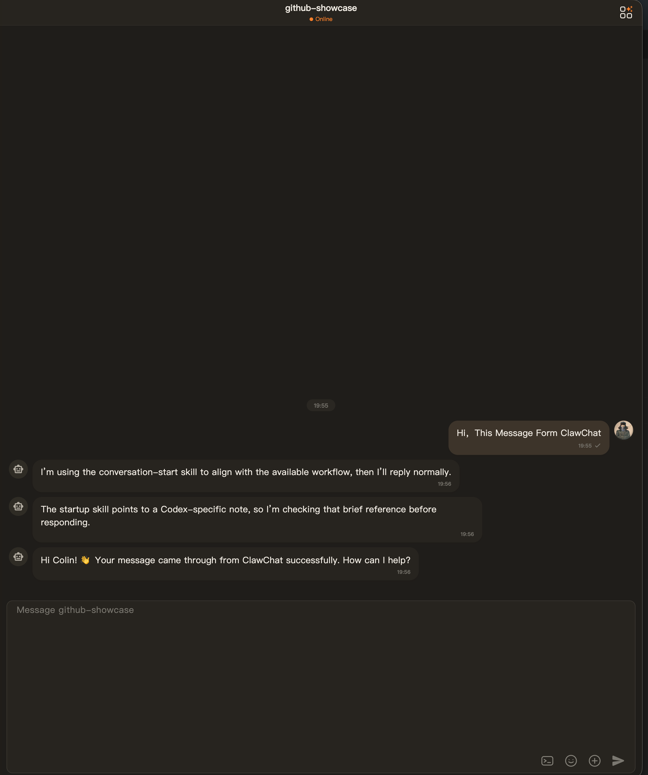 A ClawChat conversation with a connected local coding agent
