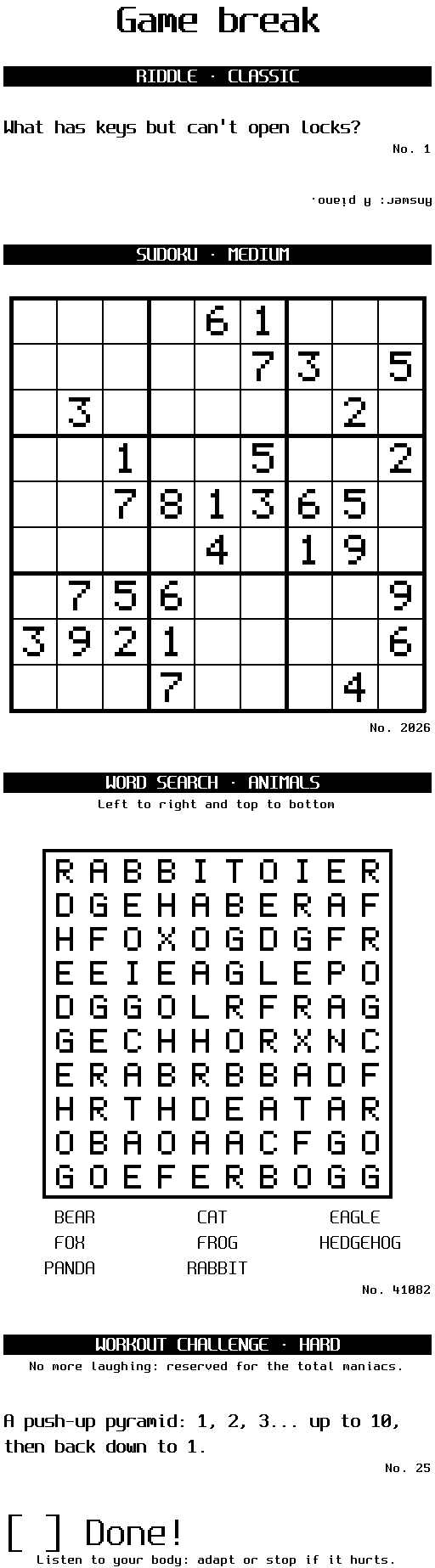 Games ticket: riddle with its answer printed upside down, sudoku, word search, workout challenge