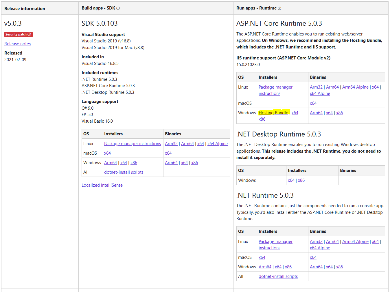 .net 5 hosting bundle location