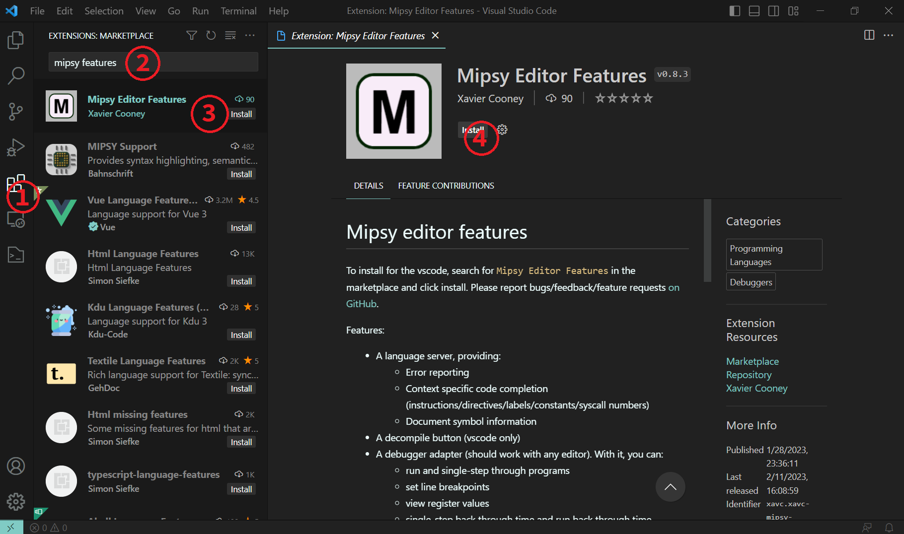 A screenshot of vscode showing the exension page for the mipsy editor features extension