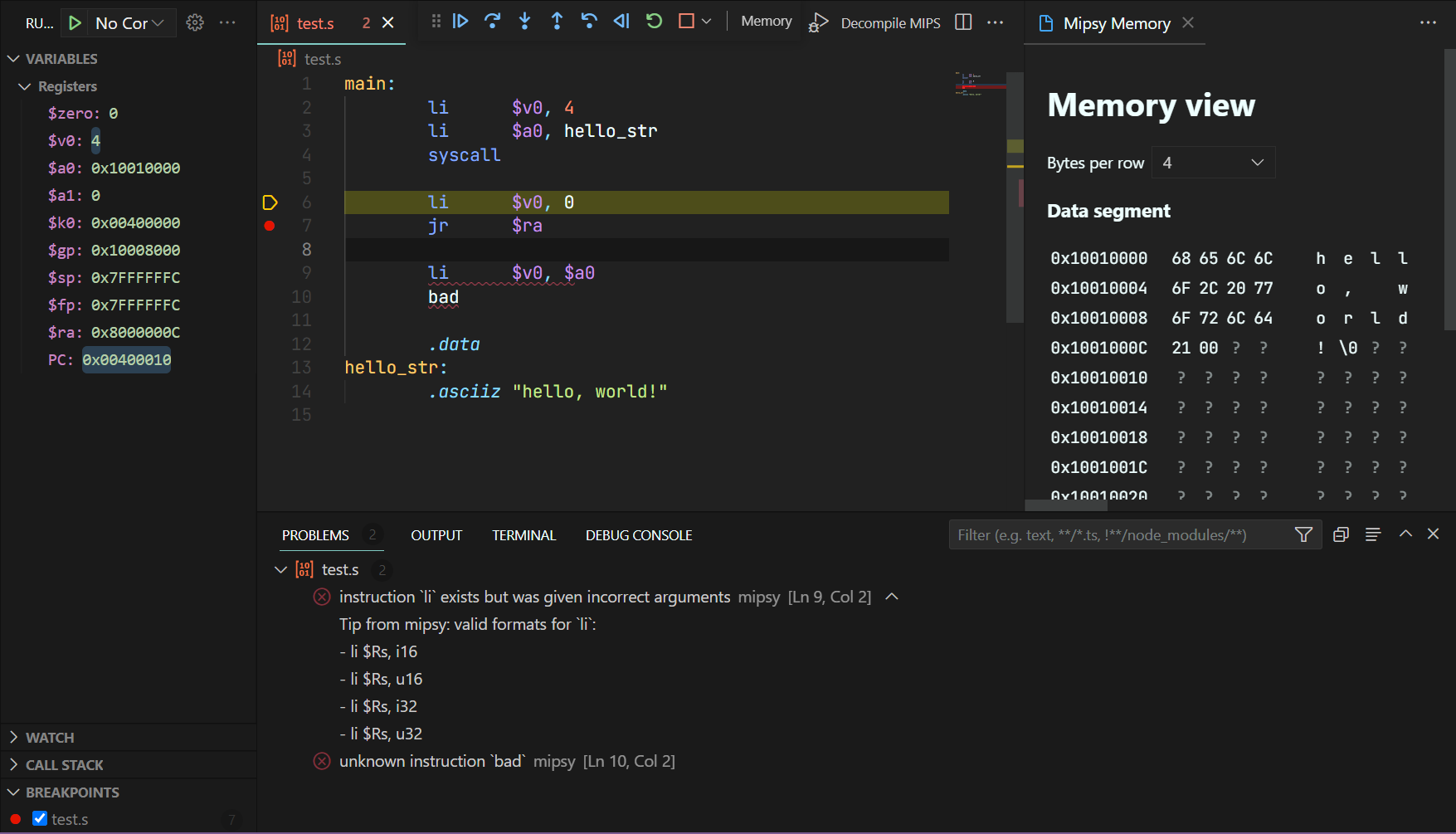 A screenshot of vscode showing various features of the extension, including the debugger and diagonstic reporting