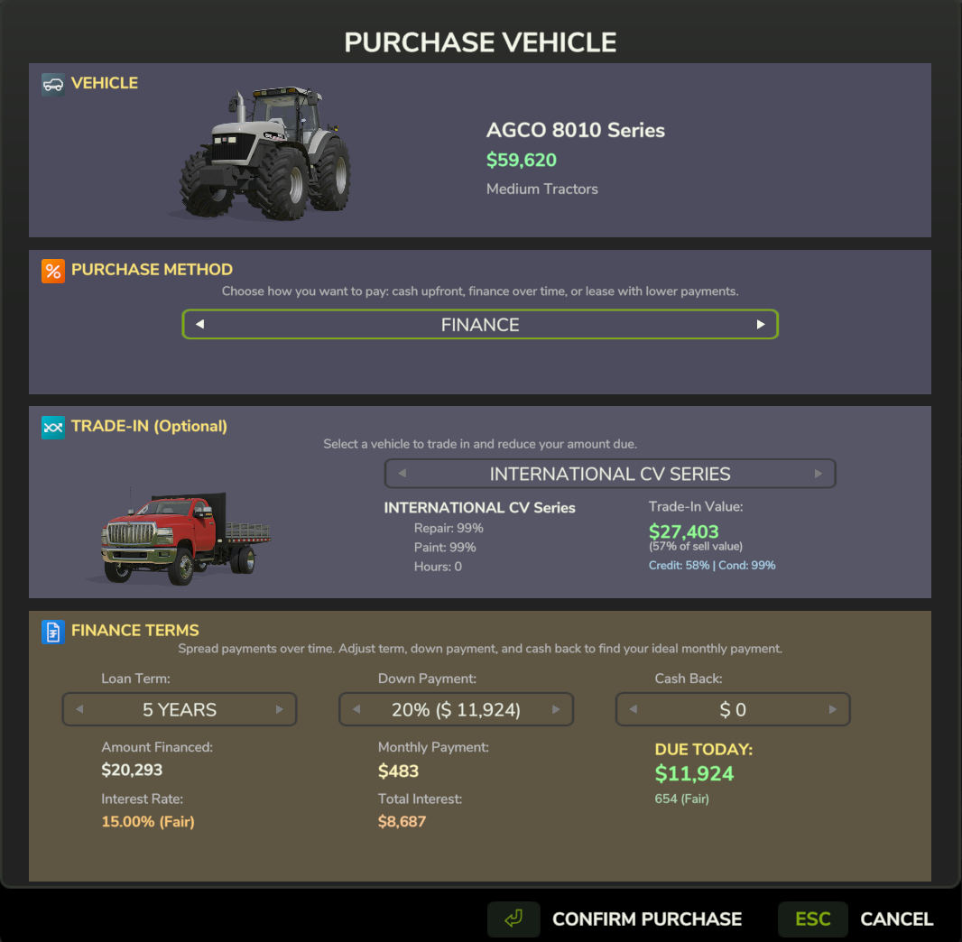 Purchase Dialog - Finance Mode