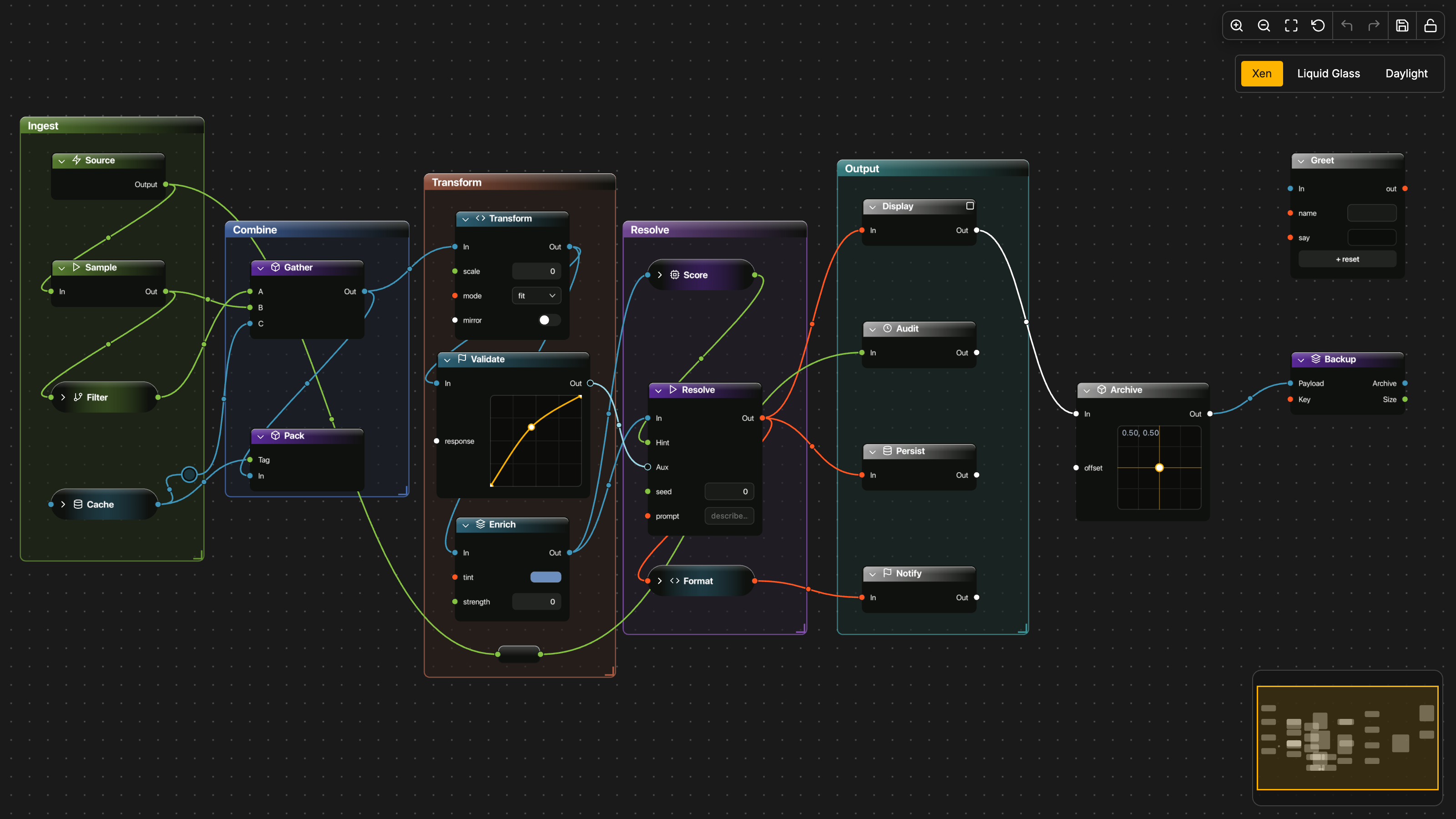 Xen — default dark/gold theme (click to open the live playground)