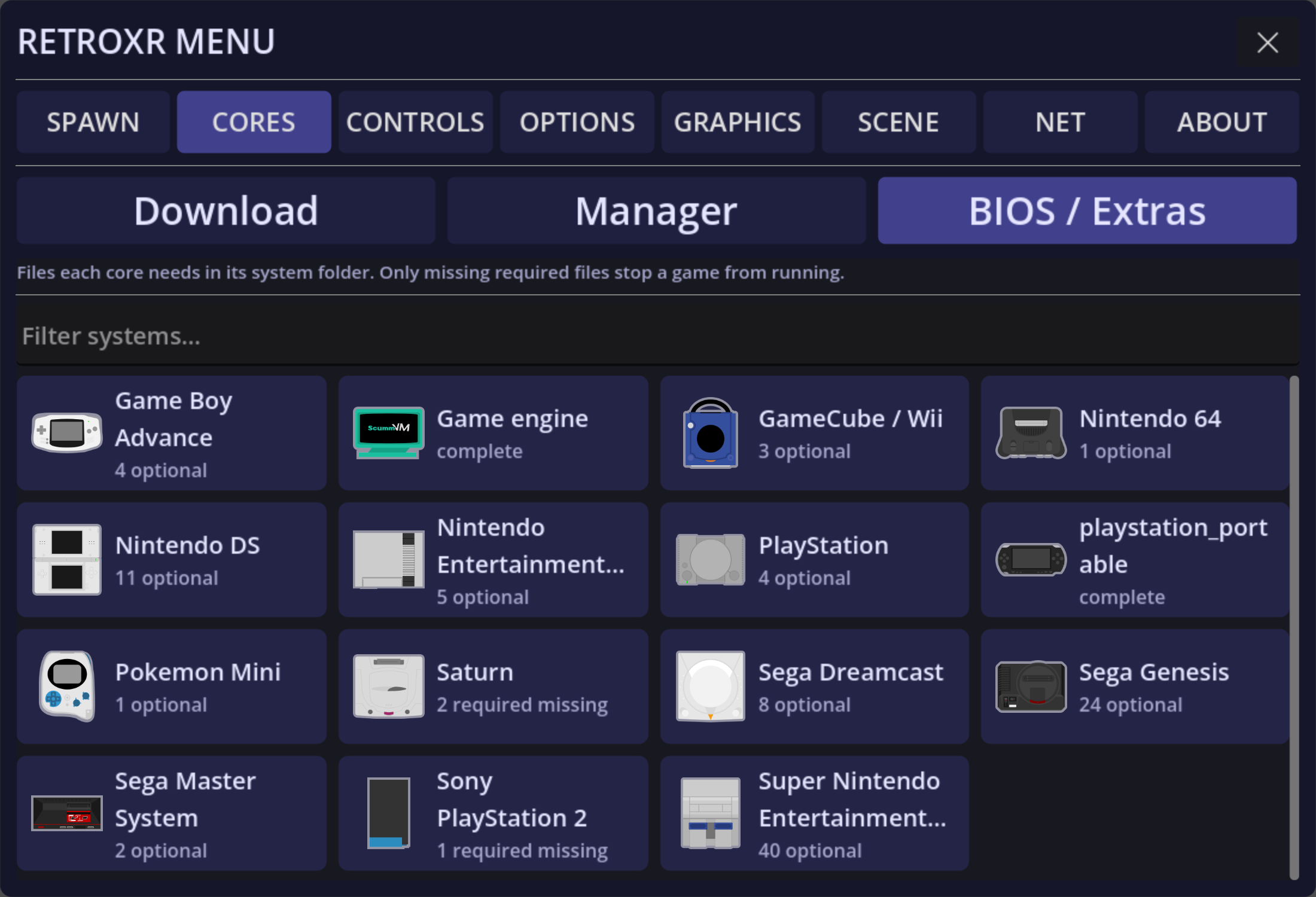 The BIOS / Extras overview: a grid of systems, each showing its BIOS status (e.g. complete, a number of optional files, or required files missing).