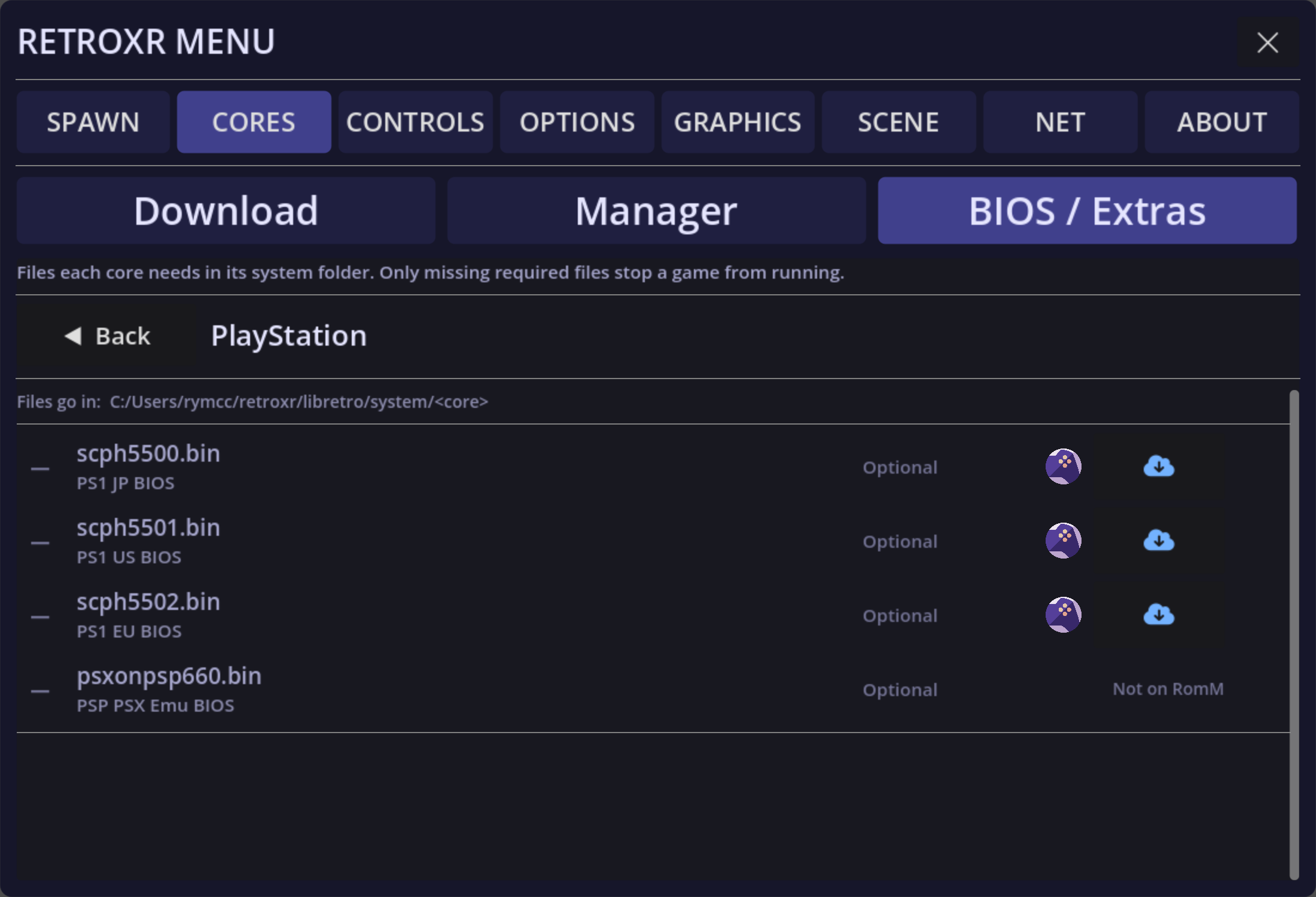 The BIOS / Extras view for PlayStation, listing the PS1 BIOS files (scph5500/5501/5502.bin and psxonpsp660.bin) with their required/optional status and per-file download buttons.