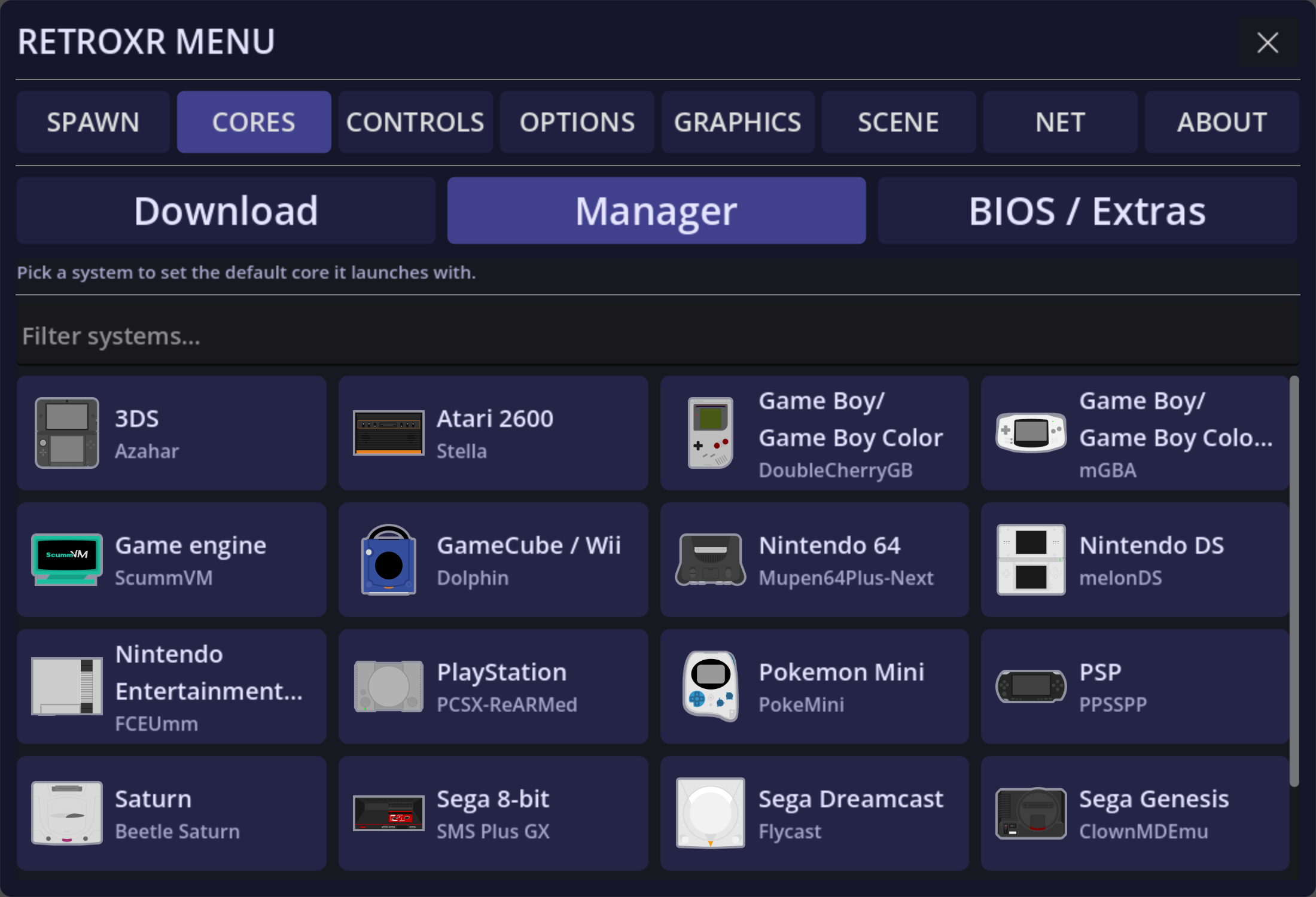 The core Manager: pick a system to set the default core it launches with, shown as a grid of systems each labeled with its currently selected core.