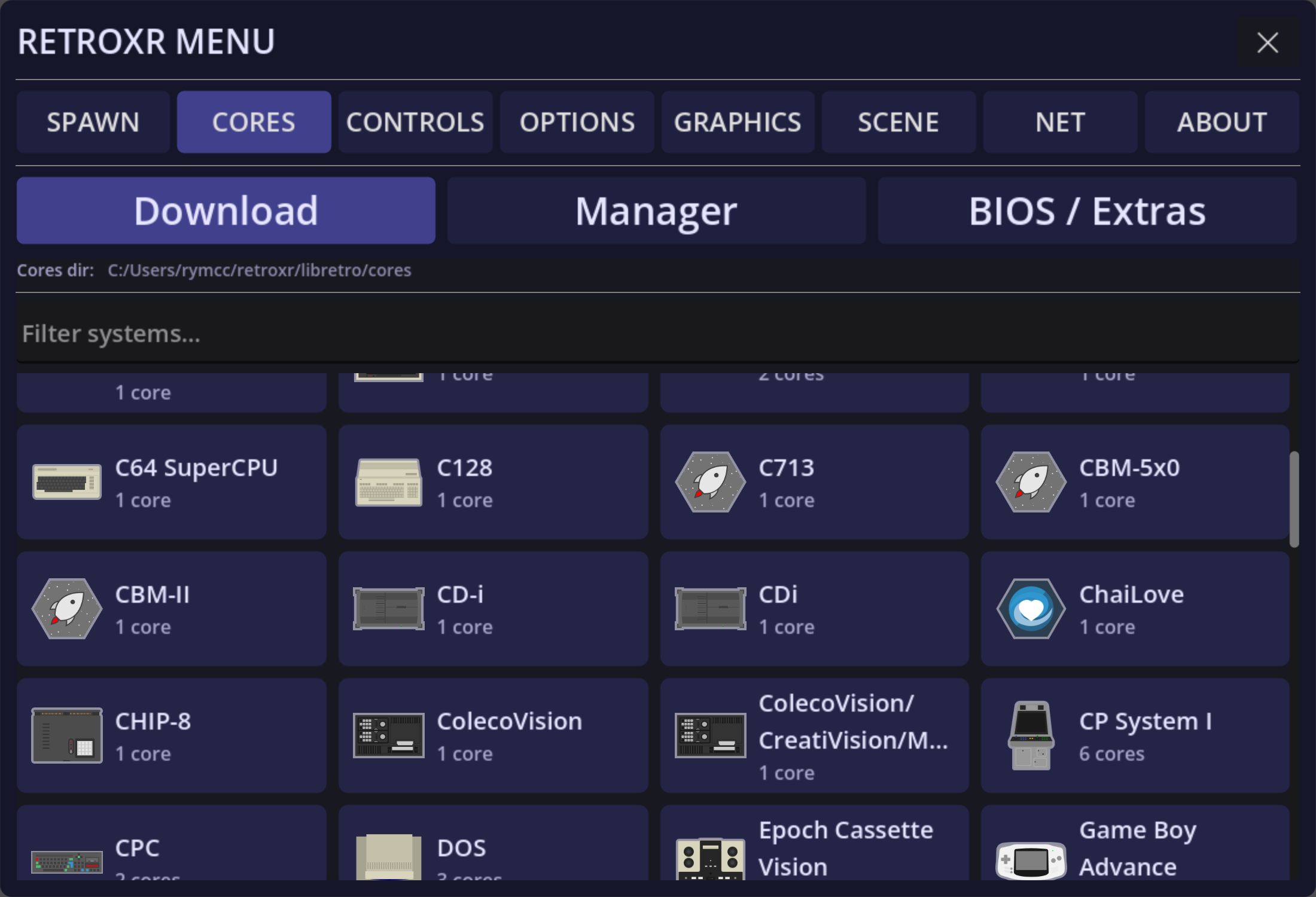 The core Downloader: the CORES tab's Download view, a scrollable grid of systems with the number of available cores for each.