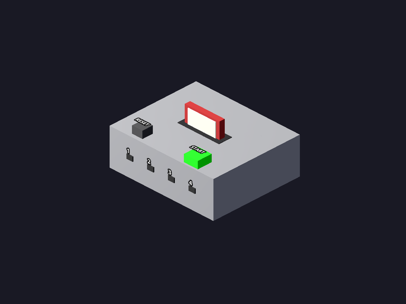 A console stand-in: a grey box with a RESET button, a green START button, four numbered controller ports, and a cartridge seated in the top slot.