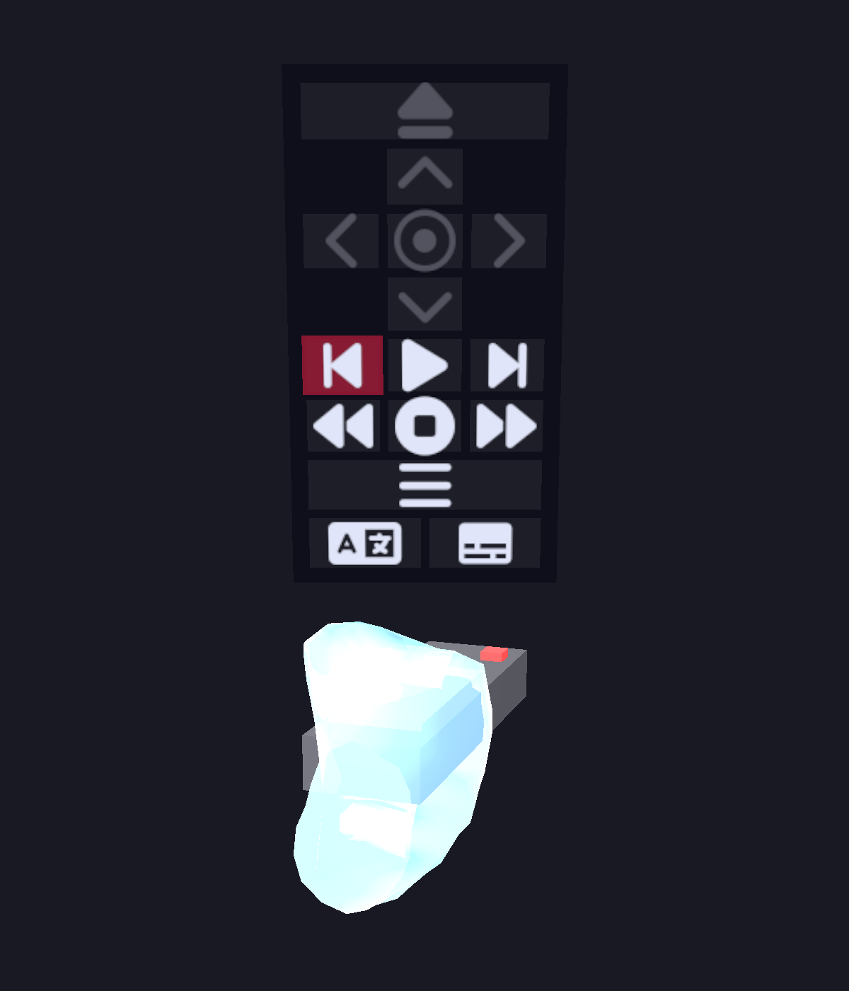 The TV remote, held in a hand, with its floating command menu popped up above it: eject, a D-pad with a centre OK, transport buttons, a menu button, and audio/subtitle cells.