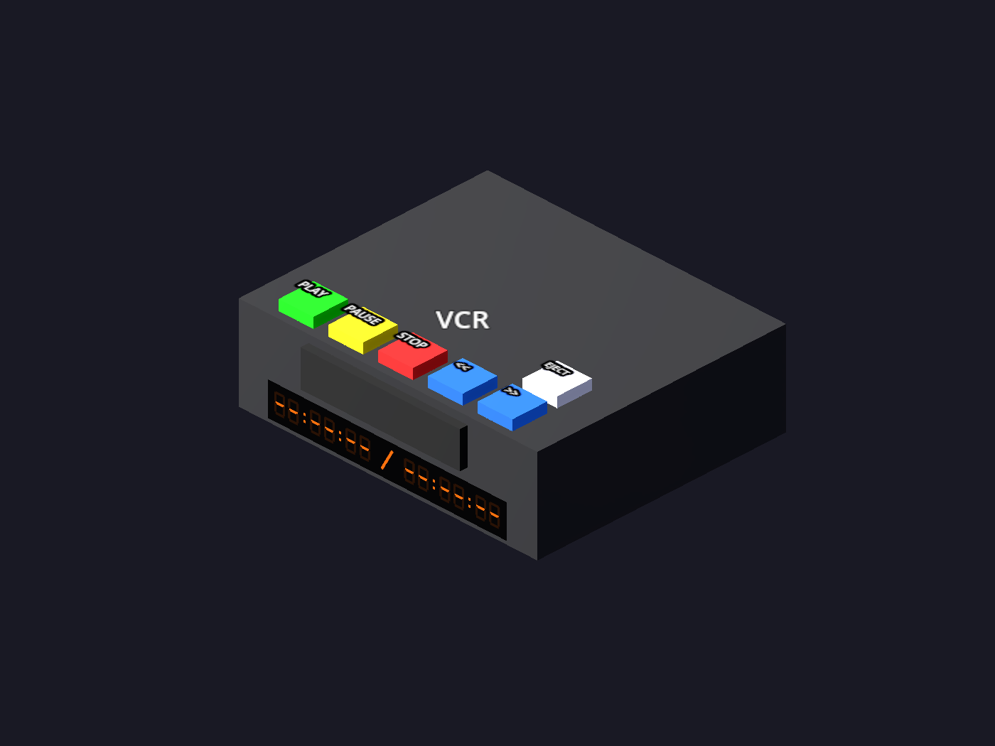 The VCR stand-in: a black deck with a tape slot, a glowing counter/clock display, and PLAY, PAUSE, STOP, rewind, fast-forward and EJECT buttons.