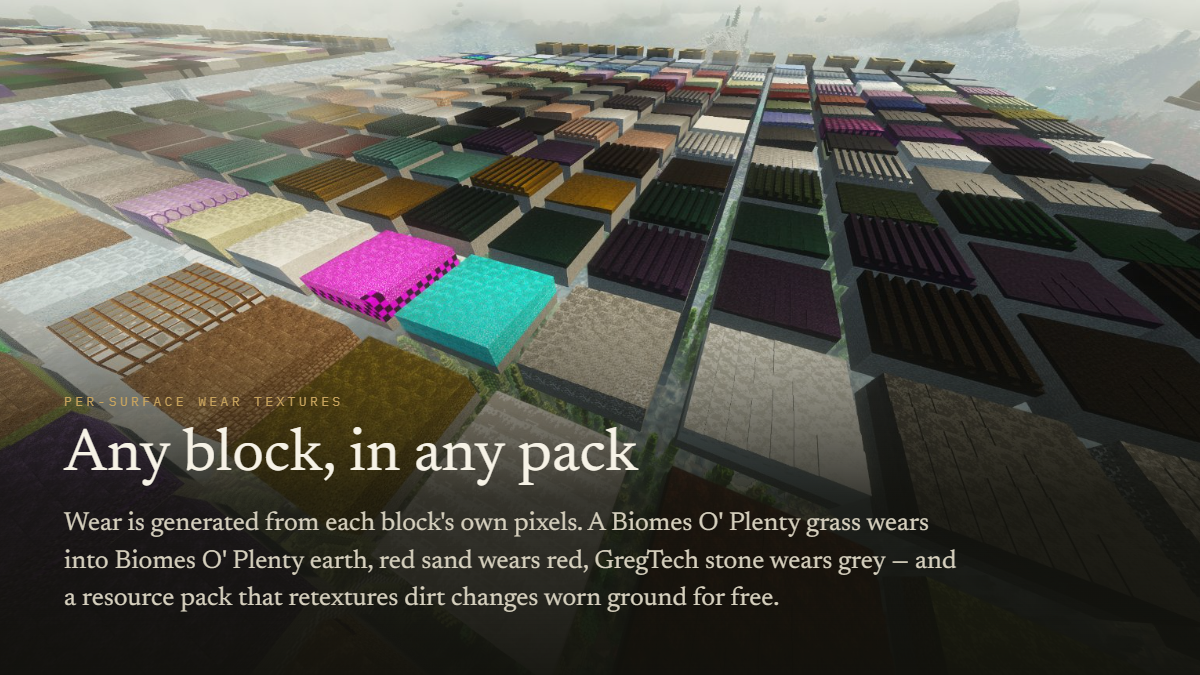 Any block, in any pack. Wear is generated from each block's own pixels, so modded ground wears in its own colours