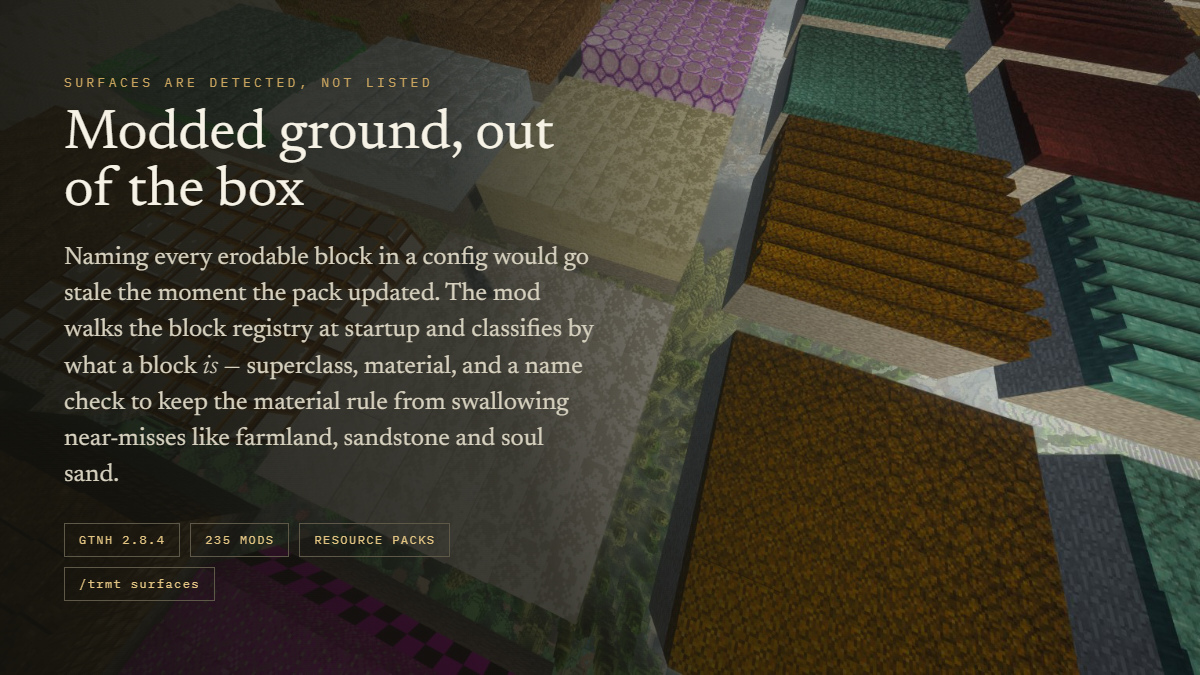 Modded ground, out of the box: the mod walks the block registry at startup and classifies what it finds