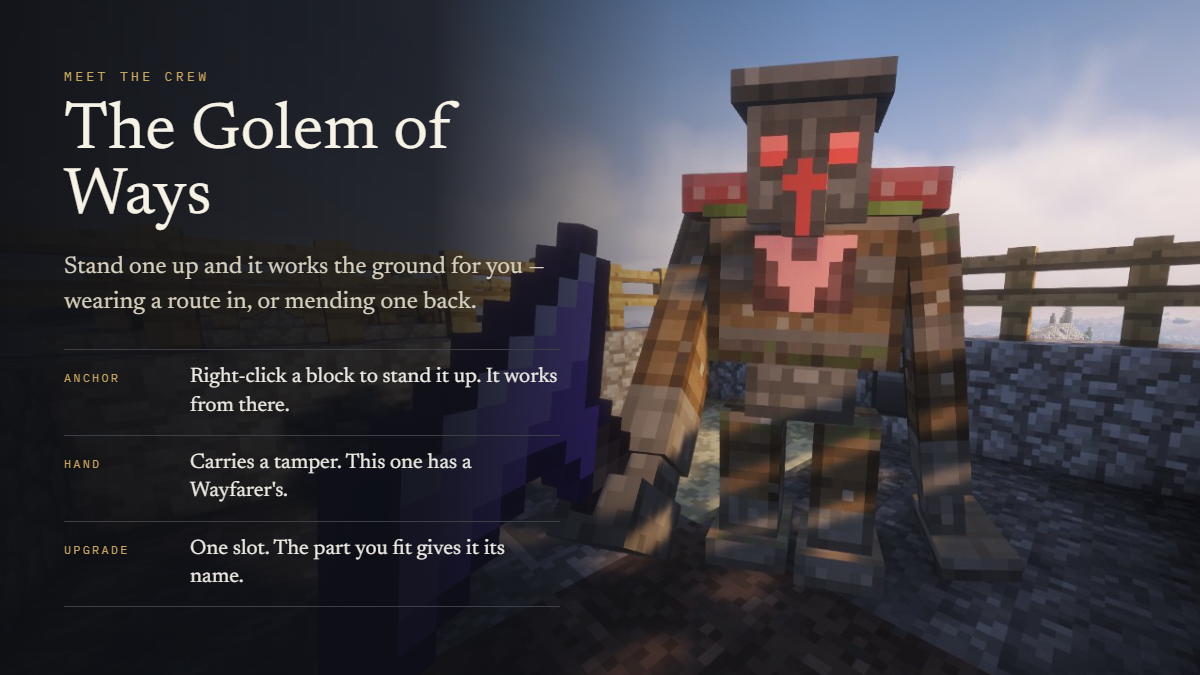 The Golem of Ways, carrying a Wayfarer's Tamper: right-click a block to stand it up and it works the ground from there