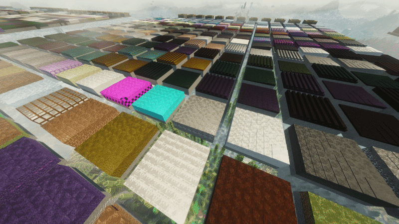 A field of several hundred blocks from across a large modpack, each with a worn path cut through it