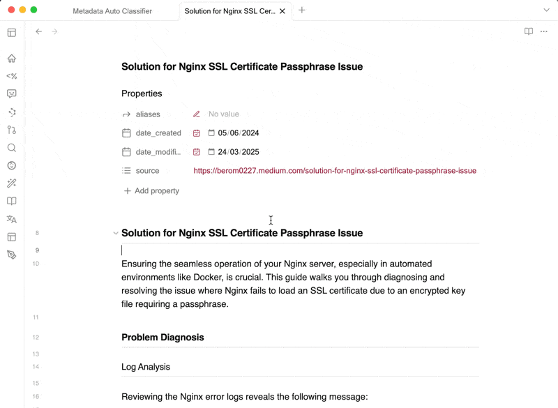 Metadata Auto Classifier generating tags for a note