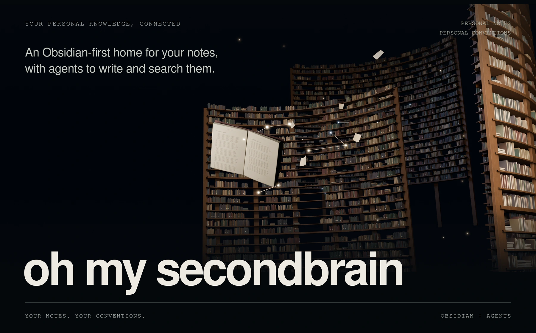 A towering library with floating pages and connected stars