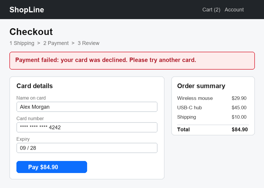 A checkout page with a red banner: Payment failed: your card was declined.