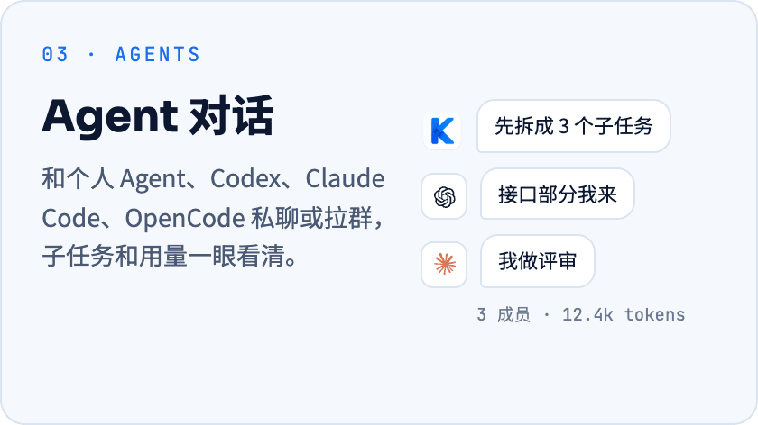 Agent 对话:和个人 Agent、Codex、Claude Code、OpenCode 私聊或拉群