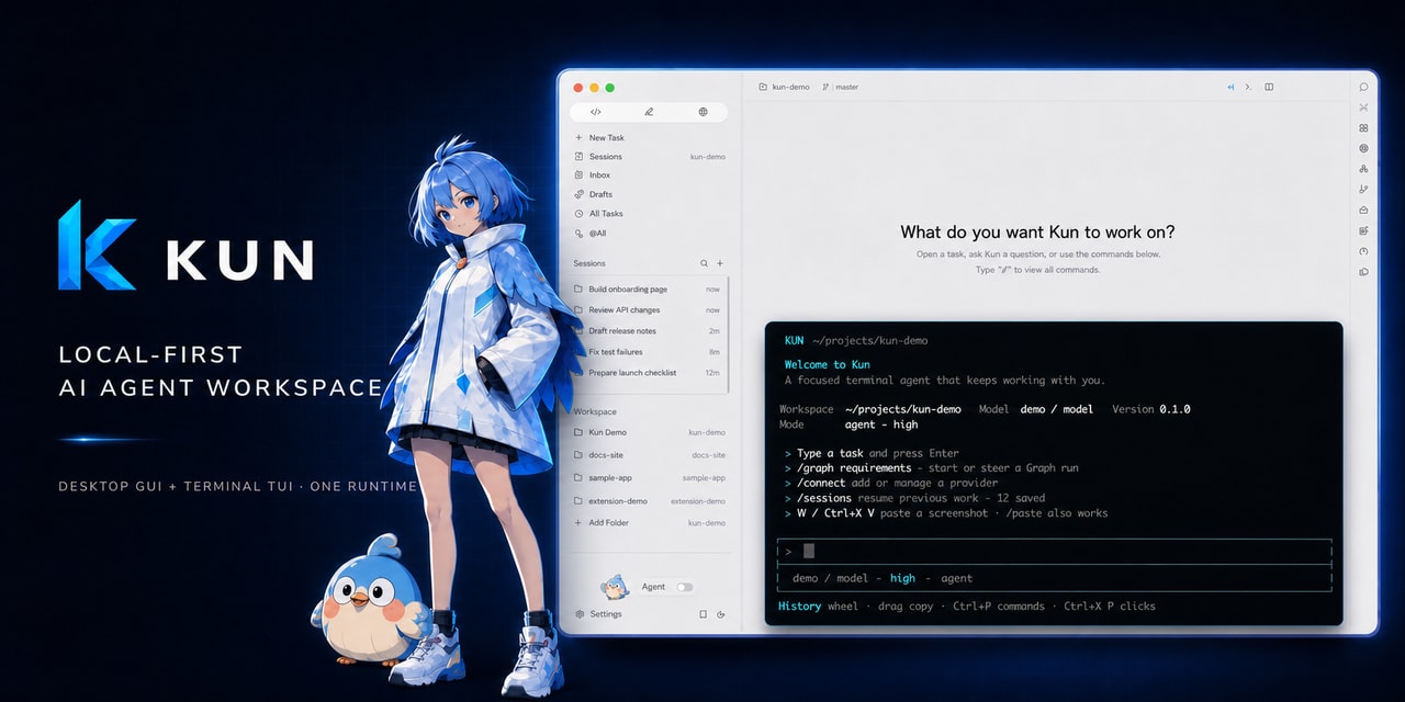 Kun Hero：使用虚构演示数据展示人物、吉祥物、桌面 Code GUI 与终端 TUI