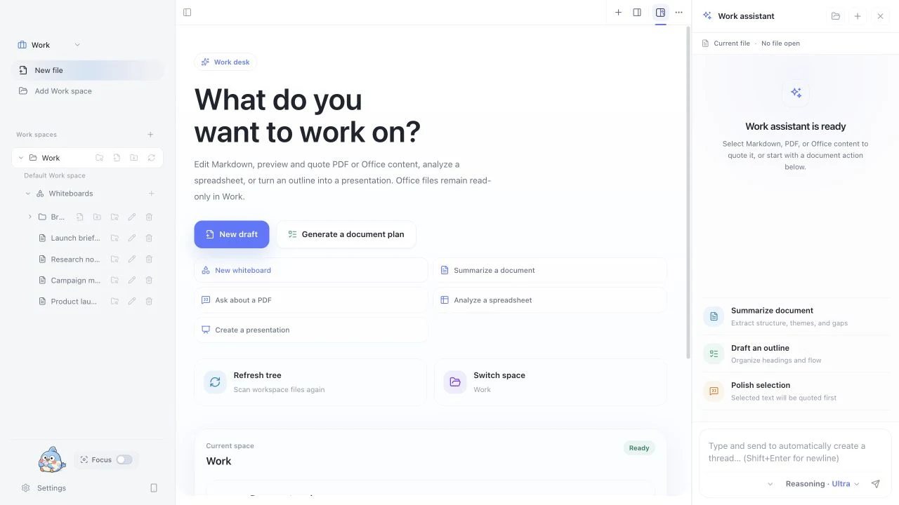 Work 模式概览：演示文件树、文档任务启动器和 Work assistant