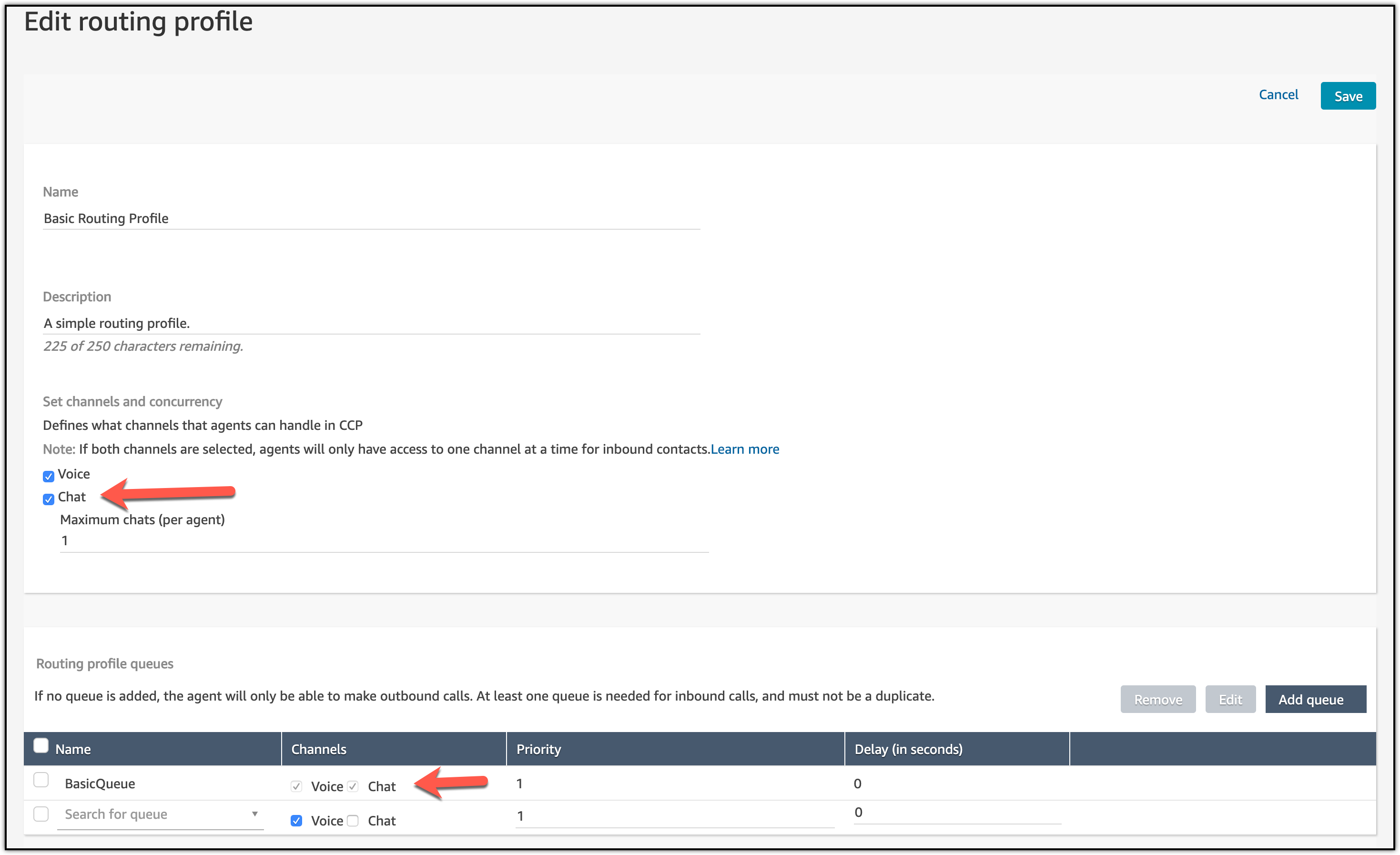 screenshot of enabling chat on a routing profile