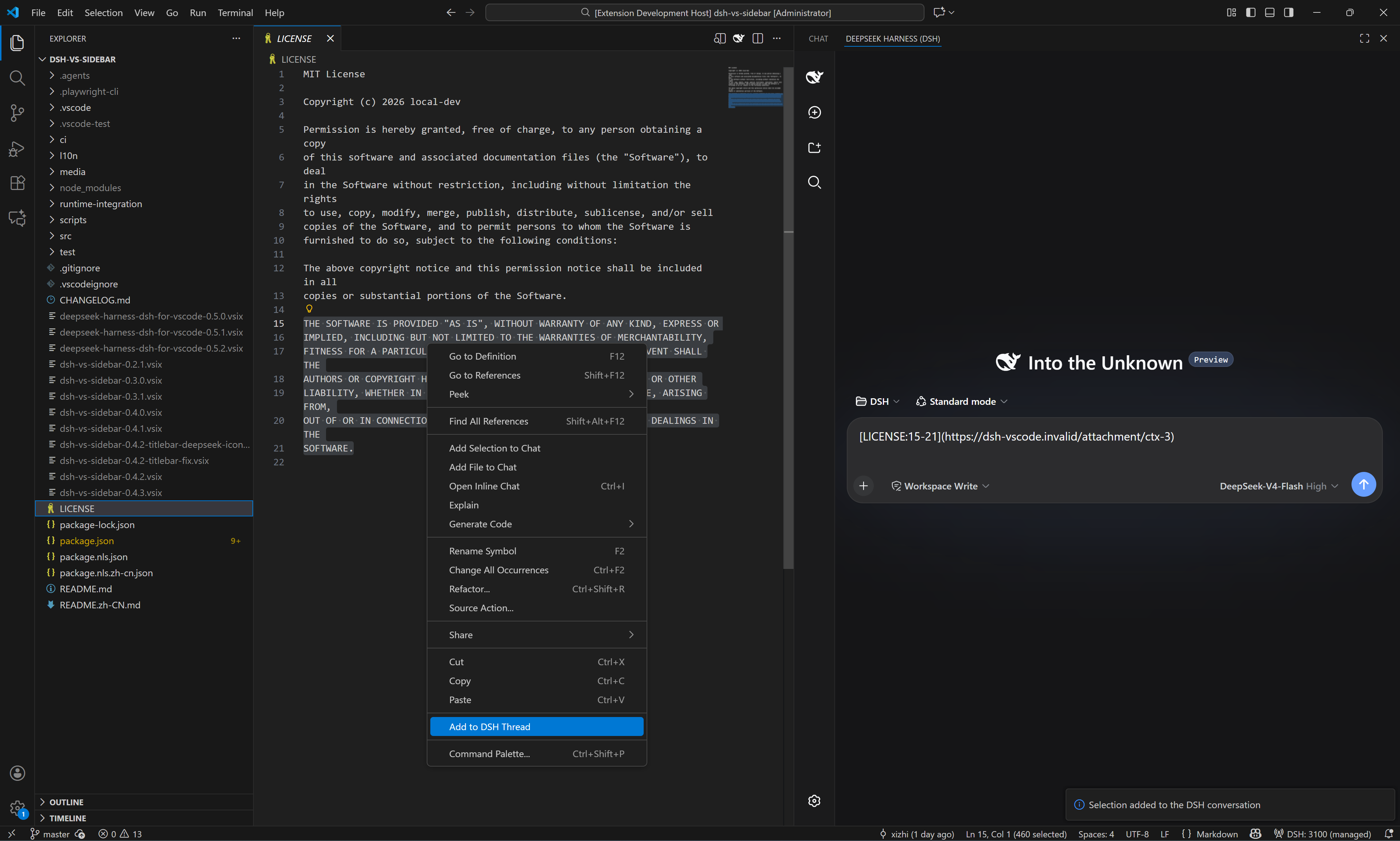 Add selected VS Code ranges to a DSH conversation as compact links