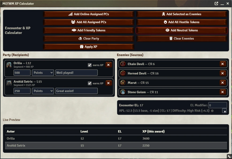 D&D 3.5 Encounter Award Calculator and XP Bar
