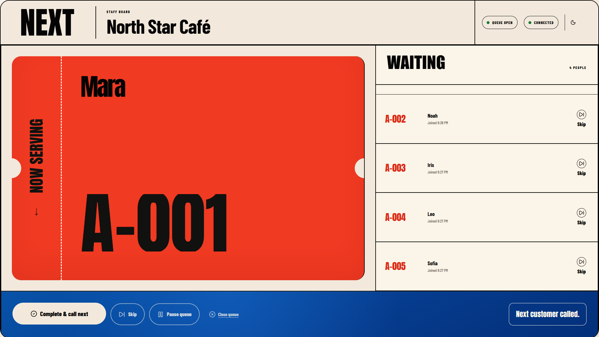 Next staff queue board