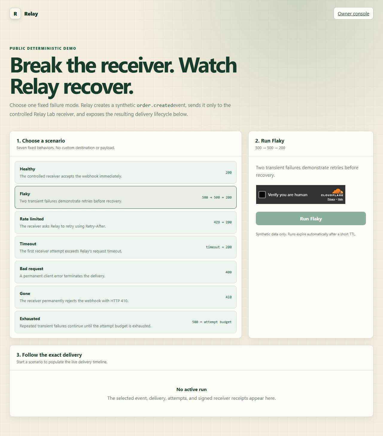 Relay Failure Lab showing webhook delivery evidence
