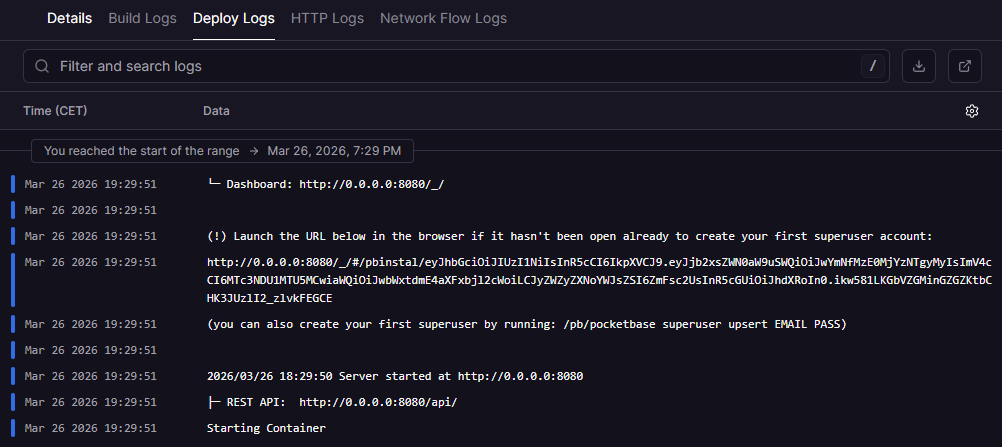 Deploy Logs showing superuser creation link
