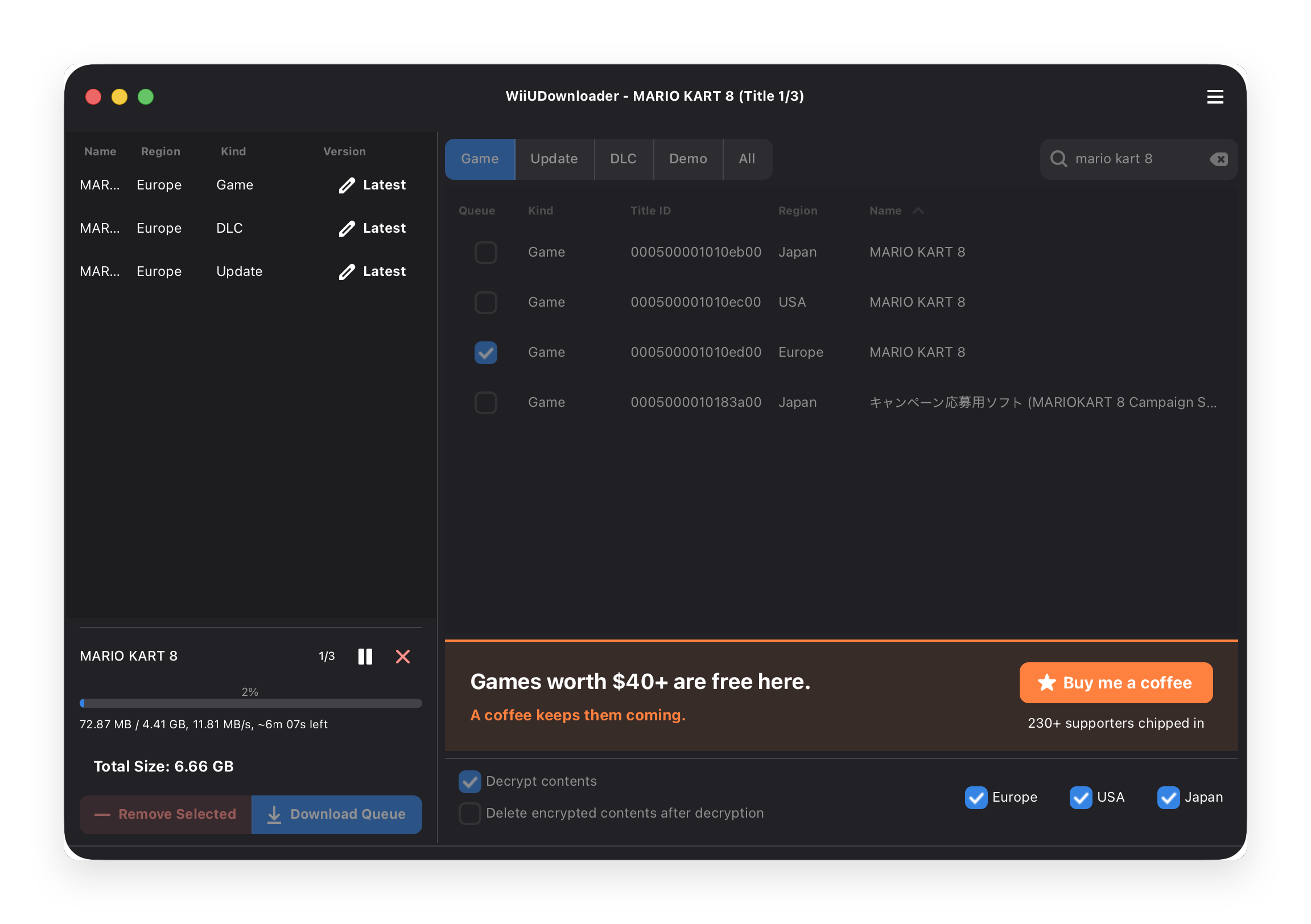 WiiUDownloader downloading a game with progress and speed