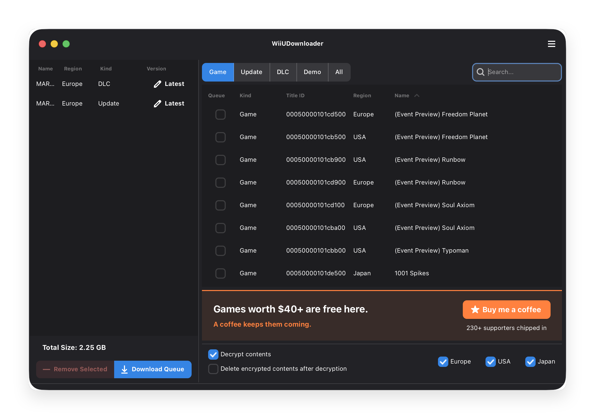 WiiUDownloader main window — browse and search the full Wii U library