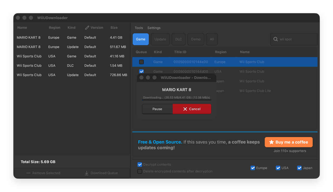 WiiUDownloader downloading a game with progress and speed