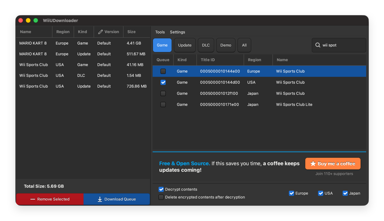 WiiUDownloader main window — browse and search the full Wii U library