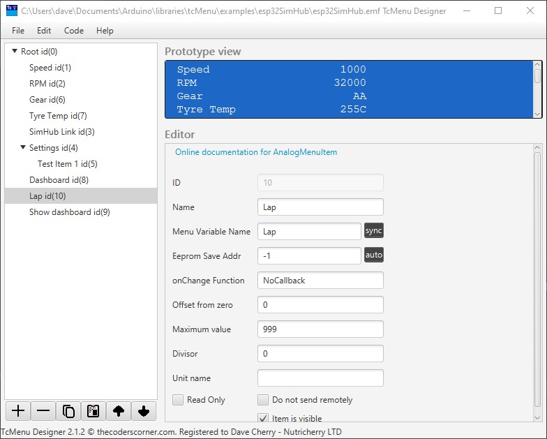 Menu designer for Arduino