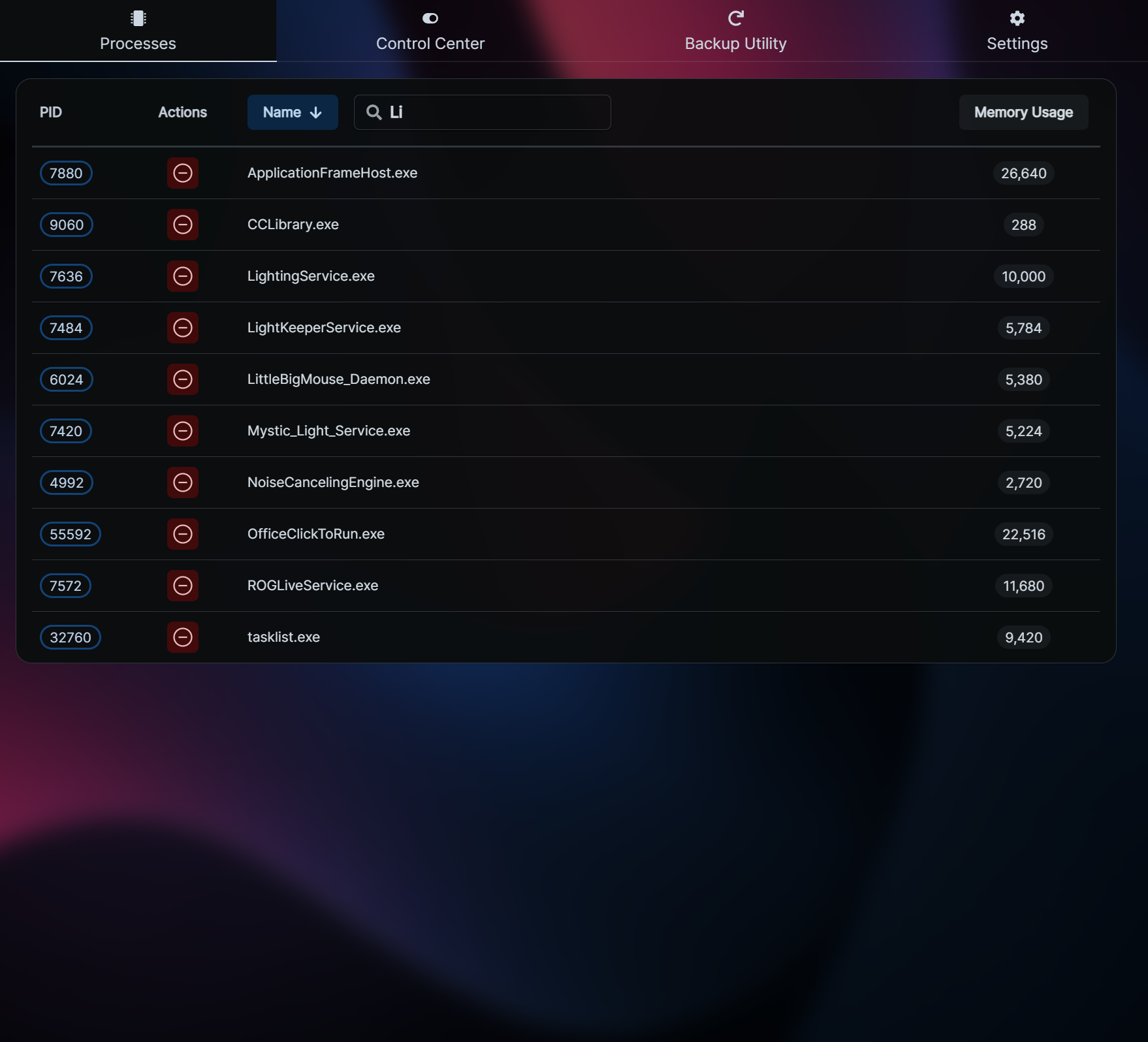 Screenshot of Processes Table