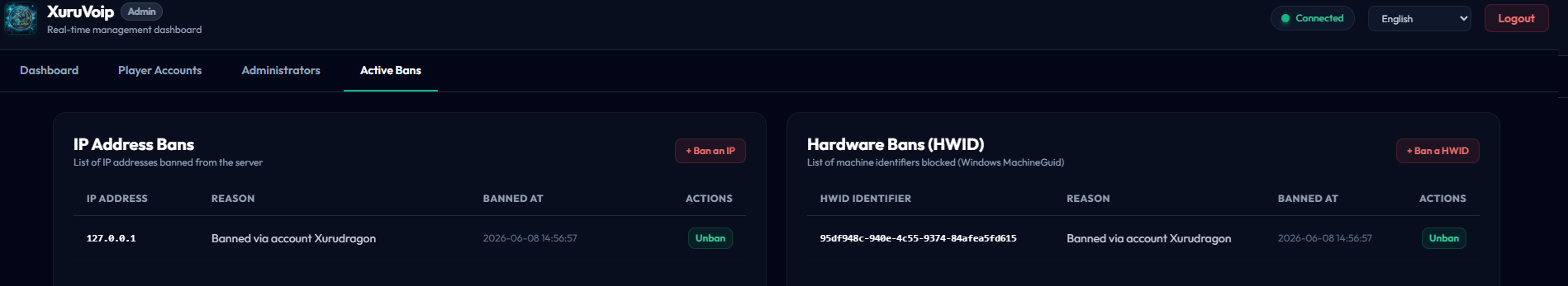 Admin Web Portal Ban List