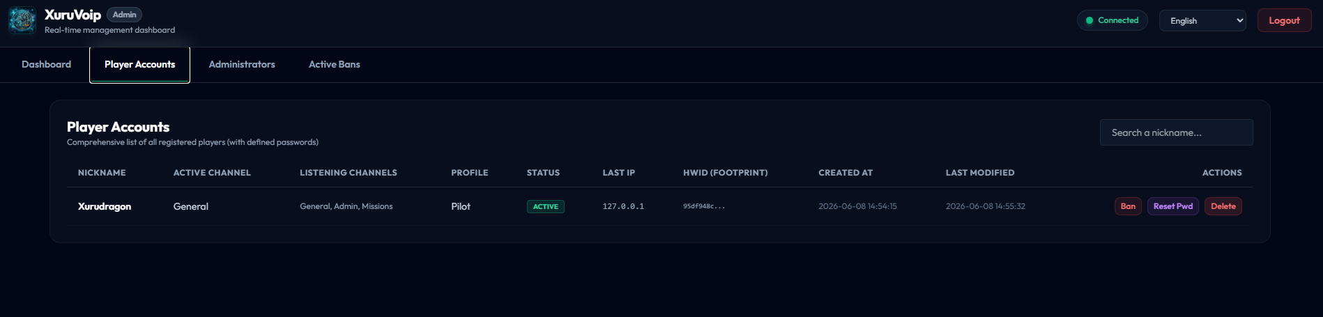 Admin Web Portal Players