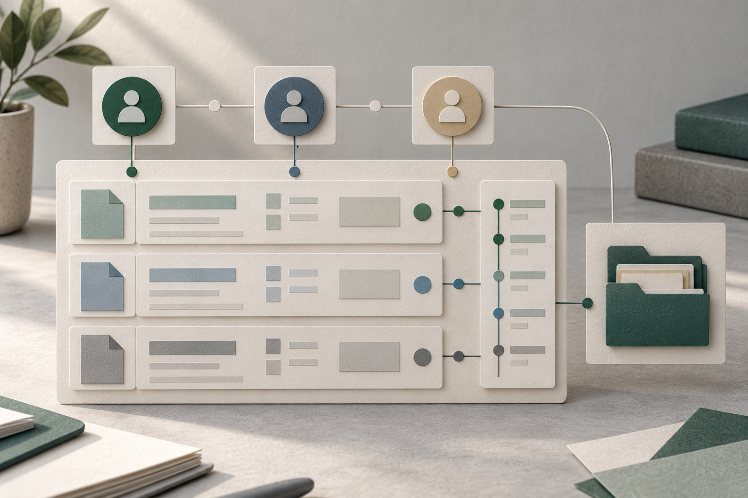 Editorial illustration of a clinical research data review workflow with records, audit events, roles, and an export path