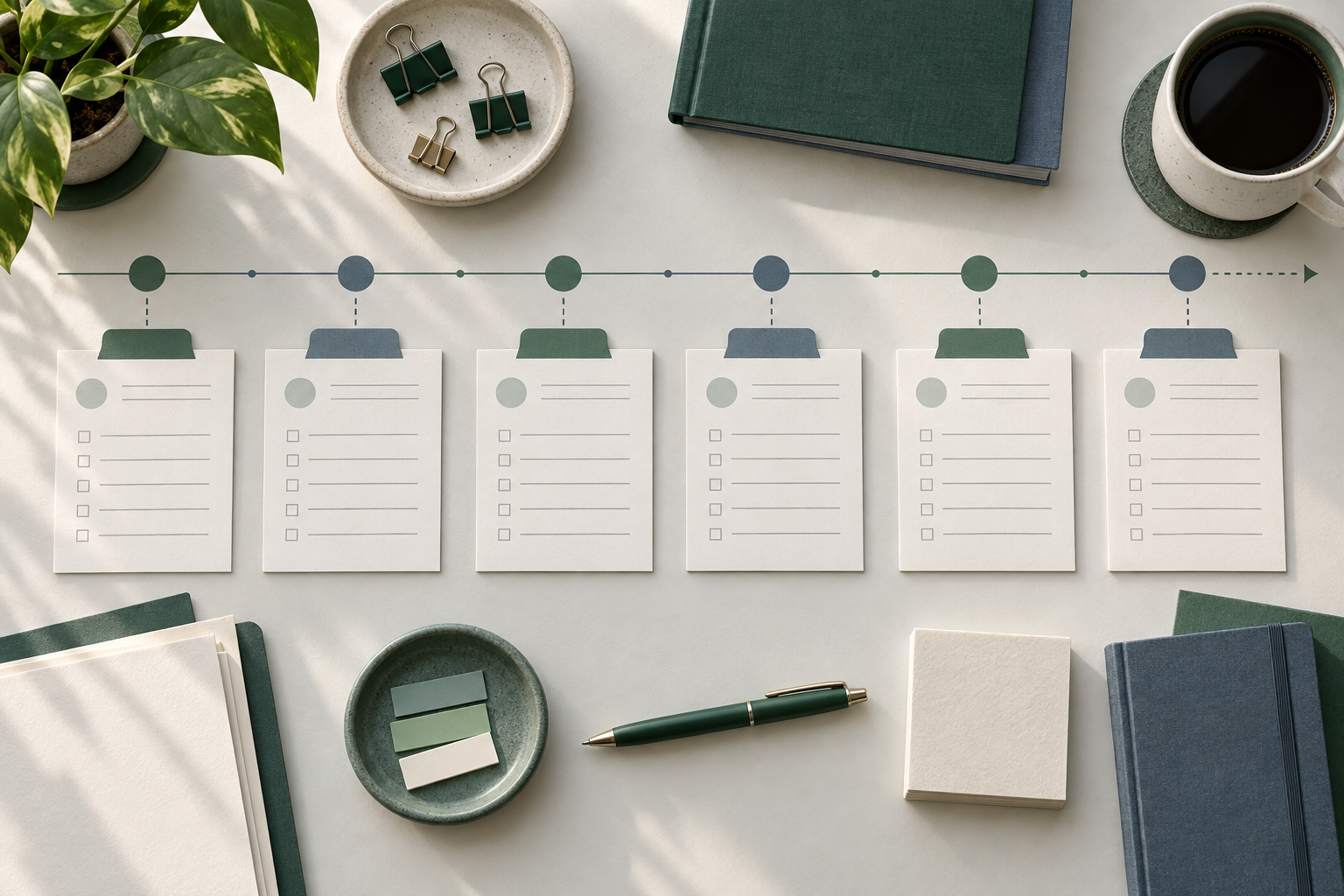 Editorial illustration of a clinical study timeline connecting repeated data forms across visits