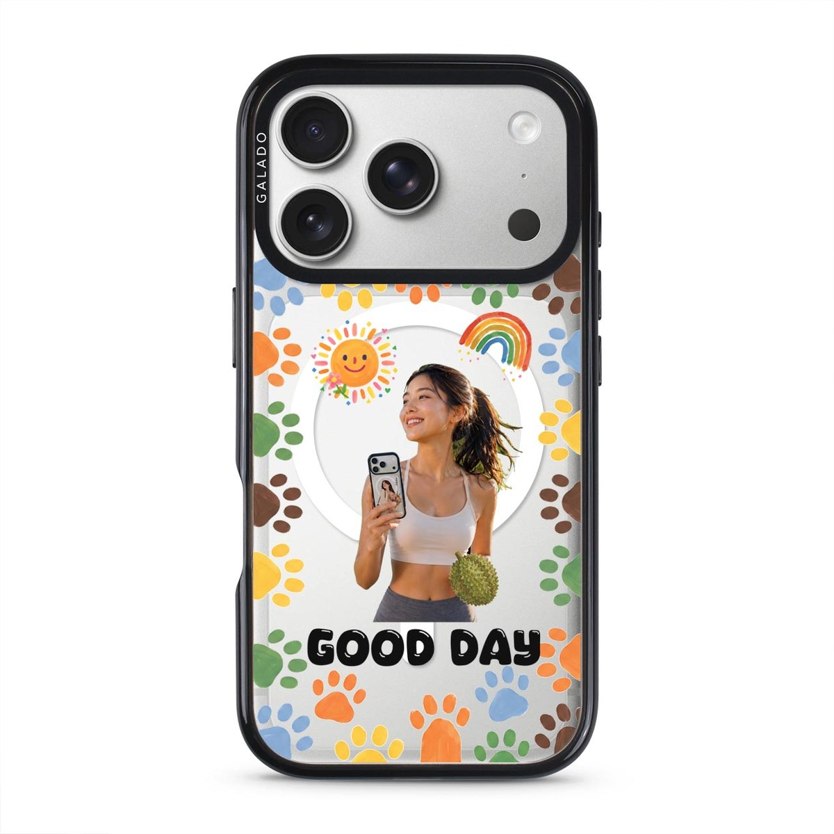 A Studio case with a photo, paw prints and Good Day lettering