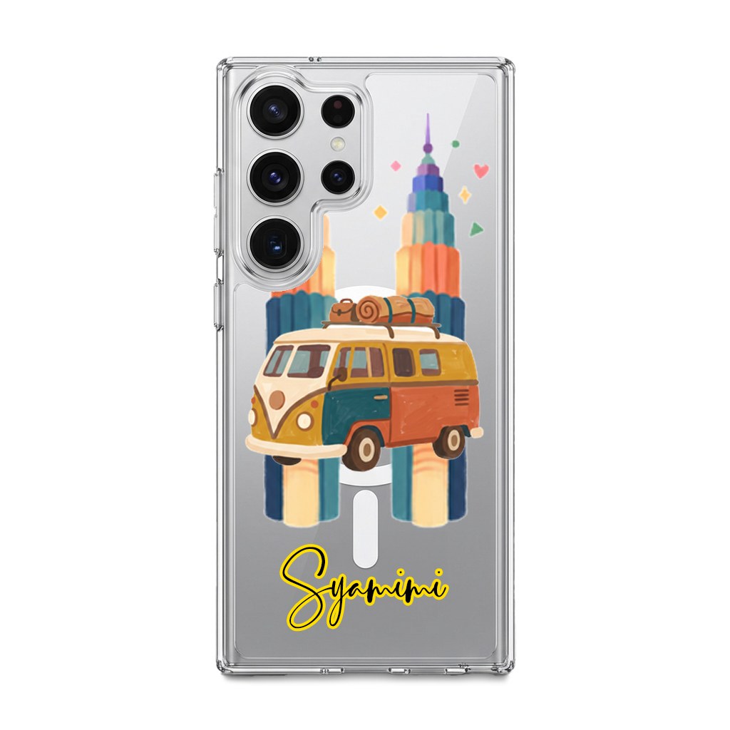 A Samsung Studio case with a campervan and towers artwork