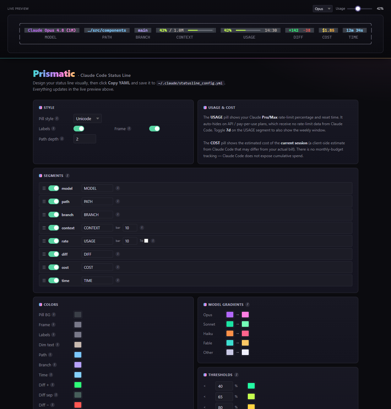 The visual config editor: a live preview at the top, with cards for style, segments, colors and per-model gradients below